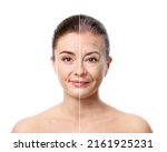 Comparison portrait of woman on white background. Process of aging