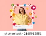 Happy young female blogger on pink background