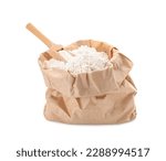 Small photo of Paper bag with wheat flour and wooden scoop isolated on white background