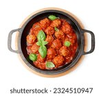 Small photo of Frying pan of tasty meat balls with tomato sauce and basil on white background
