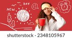 Small photo of Displeased young African-American woman with sleep mask and cup of coffee on red background