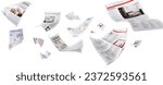 Small photo of Many flying newspapers on white background
