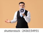 Small photo of Handsome steward shouting into megaphone on beige background