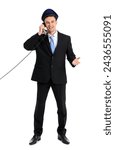 Small photo of Handsome steward talking by telephone on white background