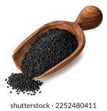 Small photo of black cumin seeds in brown wooden scoop isolated on white background