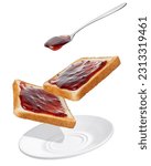 Small photo of raspberry jam pouring from spoon on bread toasts in saucer isolated on white background