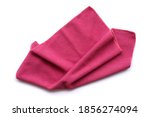 Closeup pink duster microfiber cloth for cleaning isolated on white background. Clipping path. Top view. Flat lay.