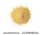 Heap of ginger powder or dry plant powder isolated on white background. Top view. Flat lay.