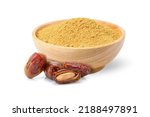 Date fruit powder in wooden bowl with dry dates fruits isolated on white background.
