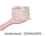 Small photo of Hand hold stack of one million thai baht banknote money isolated on white background.