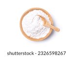 White powder in wooden bowl isolated on white background with clipping path.