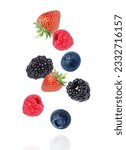 Small photo of Fresh mix berries fruit with red raspberry, strawberry, blackberry and blueberry flying in the air isolated on white background.