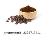 Small photo of Roasted coffee beans with coffe powder (ground coffee) in wooden bowl isolated on white background.