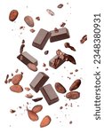 Small photo of Cocoa bean with cocoa nibs, chocolate bar and chocolate powder levitate isolated on white background.