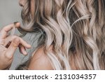Small photo of A young blonde woman with the wavy hair holding a lock of hair in her hand isolated on a gray background. Result of coloring, highlighting, perming. Beauty and fashion