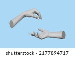 Small photo of Female hand makes a gesture like handing the hanging object to outstretched hand isolated on a blue background. Handover. 3d trendy collage in magazine style. Contemporary art. Modern design