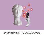 Antique statue's head holding mobile phone with like symbols from social networks on purple color background. 3d trendy collage in magazine style. Contemporary art. Modern design