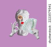 Small photo of Antique female statue's head shows the ok gesture holding a wad of hundred-dollar cash bills isolated on purple color background. 3d trendy collage in magazine surreal style. 3d contemporary art