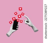 Small photo of Female hand pointing to like symbols of social networks from mobile phone with black blank screen on pink color background. 3d trendy collage in magazine urban style. Contemporary art. Modern design