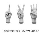 Set of 3d hands showing gestures counting one, two, three numbers isolated on a white background. Trendy creative collage in magazine urban style. Contemporary art. Modern design. Hand signs