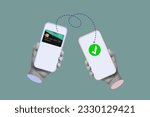Small photo of Two hands holding mobile phones transferring funds between accounts isolated on a sage green background. Money transfer using an electronic wallet. 3d trendy collage. Contemporary art. Modern design