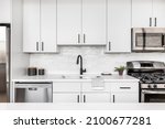 Small photo of A beautiful white kitchen detail shot with a tiled backsplash, white cabinets, stainless steel appliances, and black hardware and faucet.