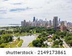 Small photo of CHICAGO, IL, USA - JULY 13, 2020: An aerial view of downtown Chicago looking South towards Lincoln Park, Navy Pier, and the Mag Mile.