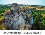 Big limestone rocks in Skarzyce. Jura Krakow Czestochowa. Upland Cracow - Czestochowa, Silesian voivodeship. Interesting tourist attraction. Climbing place in Poland.