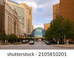 Small photo of Indianapolis, Indiana, USA - October 19, 2021: Downtown as seen on Washington Street with the Indiana Repertory Theatre to the left and the Indianapolis Artsgarden on the back