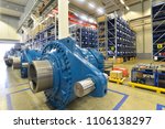 finished gearboxes for wind turbines in an industrial warehouse - Factory of modern mechanical engineering 