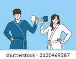 happy young couple in bathrobes ... | Shutterstock .eps vector #2120469287