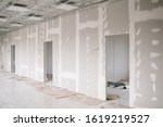 Drywall wall home interior decoration at construction site with copy space add text