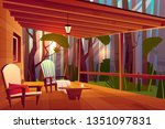 Country or village house in forest with wooden coffee table and comfortable, soft armchairs on roofed veranda or pouch cartoon vector illustration. Peaceful place for evening rest, relaxing outdoors