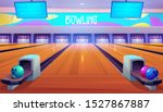 Bowling alleys with balls, pins and scoreboard screens. Empty club interior with skittles on lane, place for entertainment, leisure and sport tournaments. Recreation hobby. Cartoon vector illustration