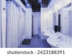 Small photo of common shower room with shower stalls, white sinks, two mirrors, white tiles. with a black mat near the shower stall, white curtains on the shower stalls