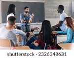 Small photo of Teenager student class and young teacher sharing group discussion at High School - Education MentalHealth Support