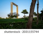 The Dubai Frame seen from the park surrounding it.