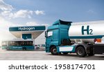 Small photo of Truck with hydrogen fuel tank trailer on a background of H2 filling station. Concept