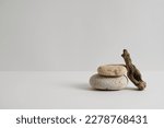 Empty stone podium, piece of driftwood on grey background. Minimal eco backdrop. Two round natural rocks and branch. Pedestal for beauty spa advertising. Wabi sabi concept. Copy space, front view.