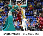 Small photo of KYIV, UKRAINE - JULY 1, 2018: Janis Strelnieks of Latvia (L) fights for a ball with Viacheslav Kravtsov of Ukraine during their FIBA World Cup 2019 European Qualifiers game at Palace of Sports