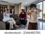 Small photo of Asian family with domestic violence while parent having verbal abuse and fighting, screaming before their kid listening for toxic relationship, unhappy couple and trouble alcoholic people concept