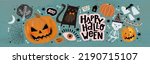 Happy Halloween. Vector cute illustrations of objects: pumpkin head, black cat, funny skeleton, ghosts, eyes for postcard creation