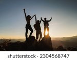 Silhouette of happy teamwork with success gesture standing on the top of mountain, business teamwork concept, business victory, achieve business goal.