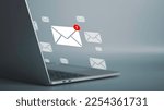 Small photo of Email notification alert, E-mail marketing concept Businessman using laptop with mail message on virtual screen sending or reply online communication social advertisement contact.