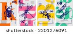 Beetle, dragonfly, bee, grasshopper. Set of vector posters with insects. Engraving illustrations and typography. Background images for cover, banner, poster. T-shirt print.