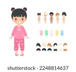 Cute Chinese chibi girl dressed in pajamas. Dress up paper doll. Doll house interior concept. Cartoon flat style. Vector illustration