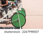 Small photo of Outdoor cafe with bicycle power generators on which juicers are installed for self-service tourists. Copy space.