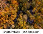 Aerial view of curvy road in beautiful autumn forest. Top view of roadway with autumn colors. Road on Fruska gora mountain in Serbia,Vojvodina