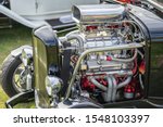 Vintage car roadster engine.Hood scoops on a car.