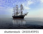 Old ship on calm sea water under cloudy blue sky